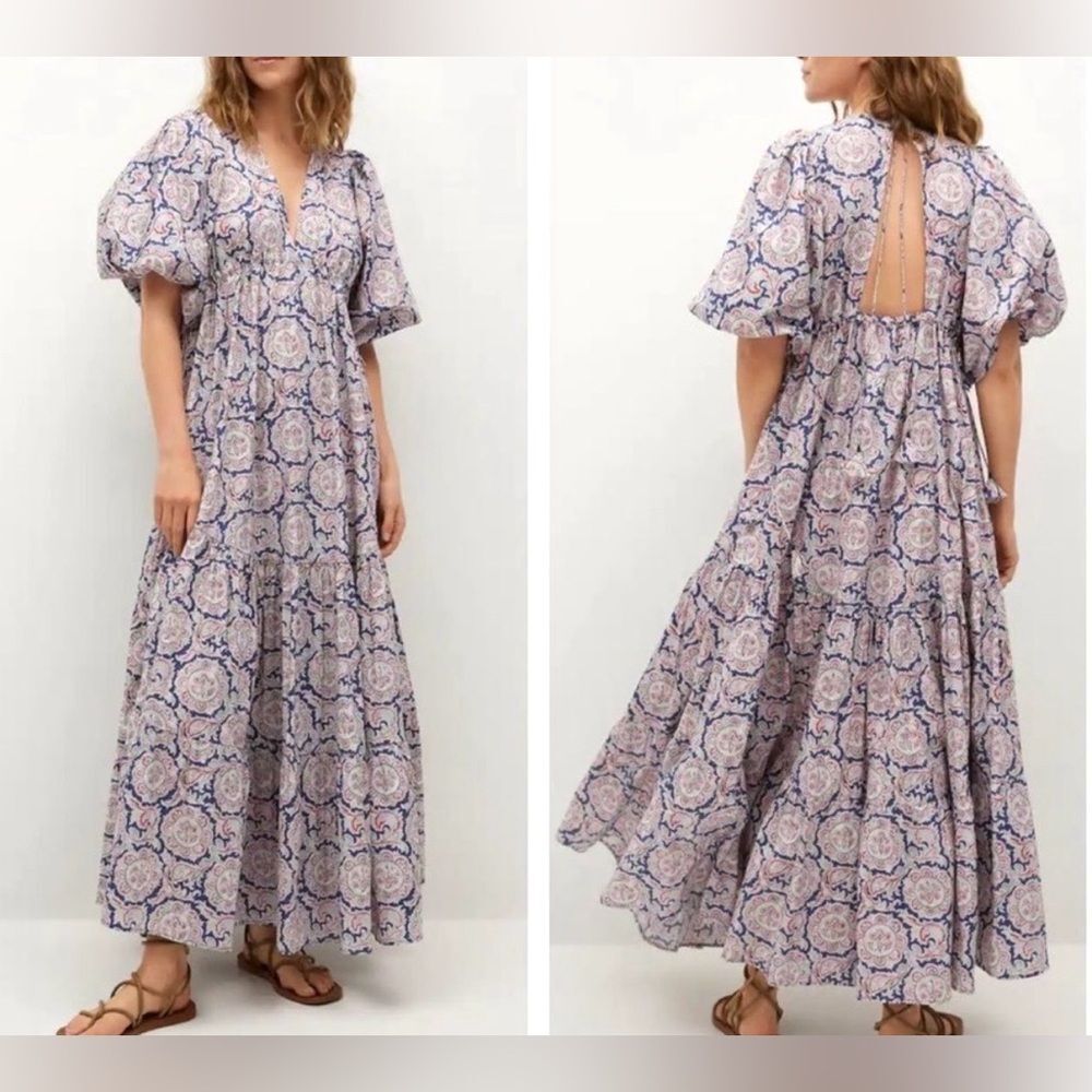 NWT Mango x Chufy Soller Boho Maxi Tiered Dress Puff Sleeve Tassel Blue Red 4